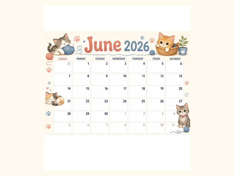 Cute Cat June 2026 Calendar printable preview
