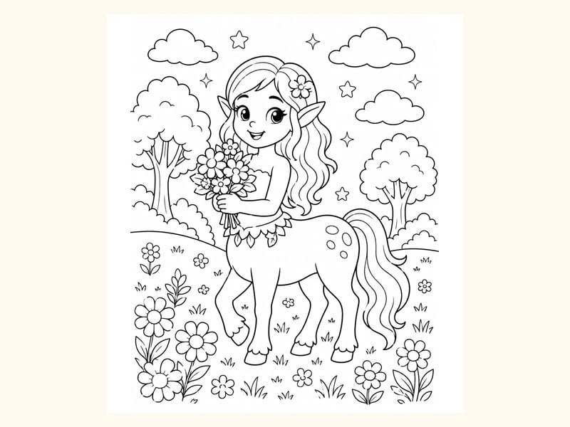 Cute Centaur Holding Flowers in a Meadow printable preview