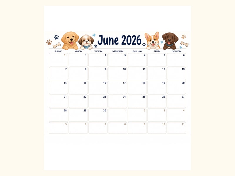 Cute Dog June 2026 Calendar printable preview