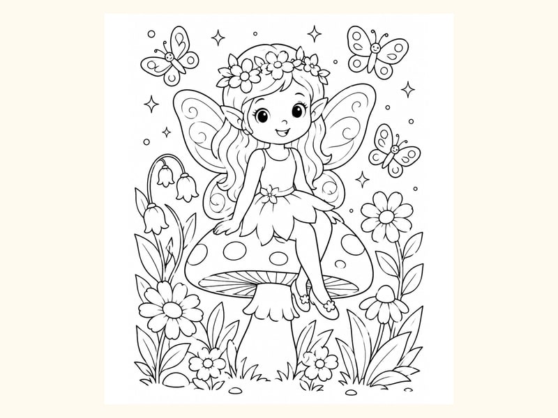 Cute Fairy Sitting on a Mushroom printable preview