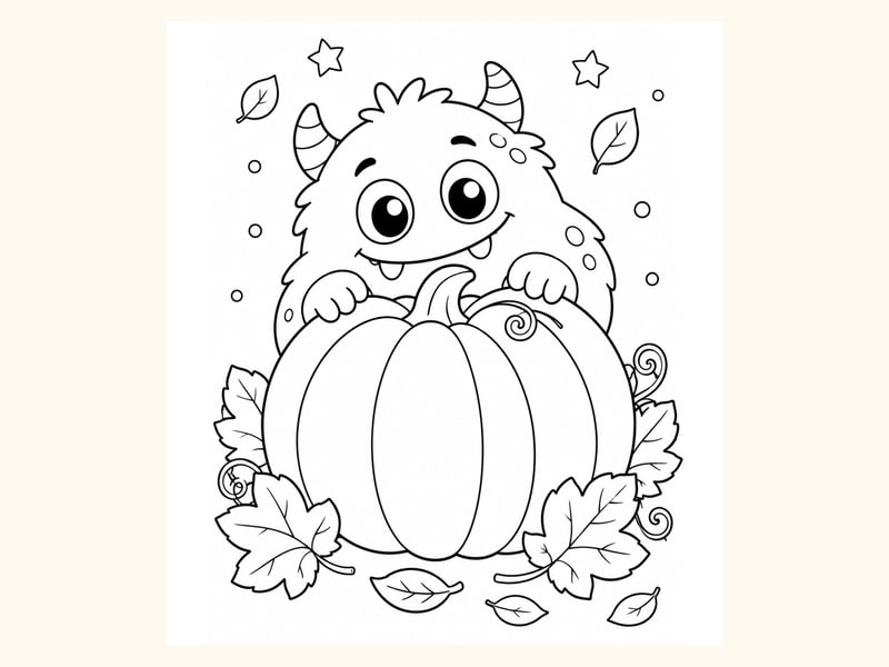 Cute Monster Peeking from behind a Big Pumpkin printable preview