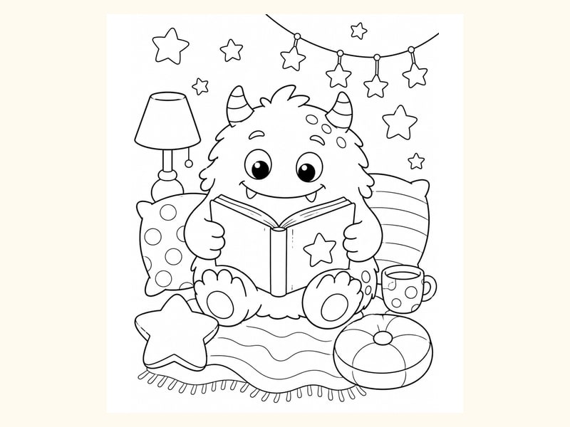 Cute Monster Reading a Book with Pillows printable preview