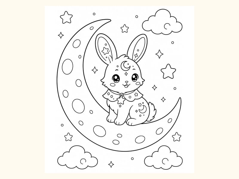 Cute Moon Rabbit Fantasy Creature Sitting on a Crescent Moon printable preview