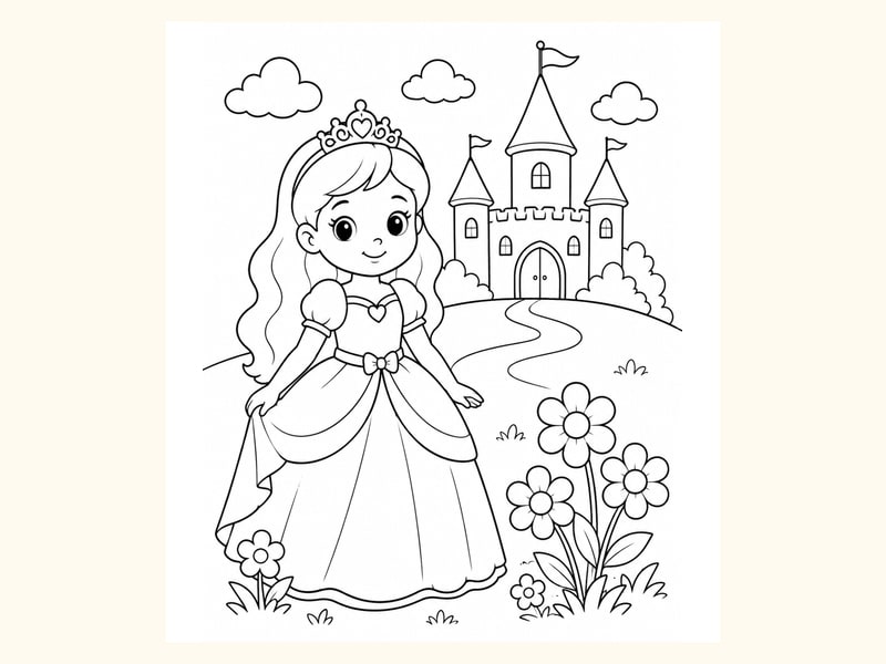 Cute Princess Standing in a Simple Gown beside Flowers and a Castle in the Background printable preview