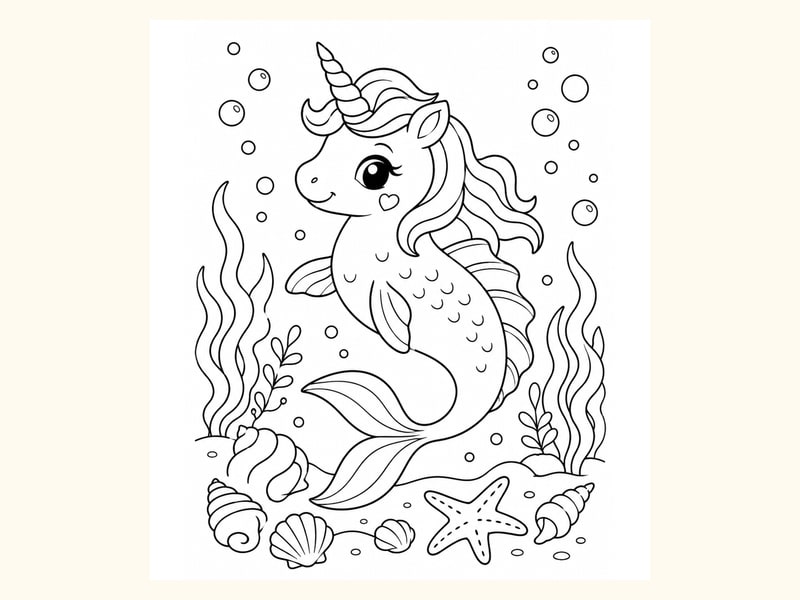 Cute Sea Unicorn Creature Swimming with Shells printable preview