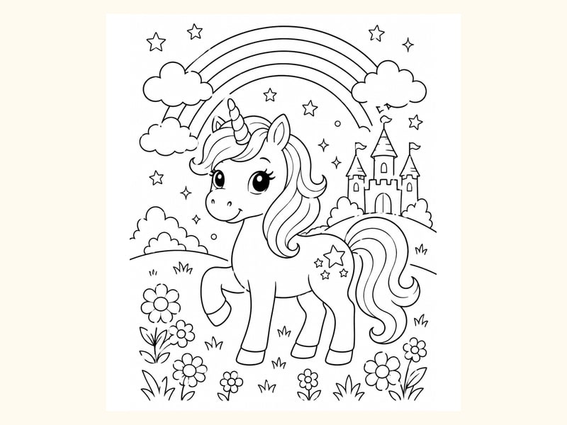 Cute Unicorn Standing in a Meadow printable preview