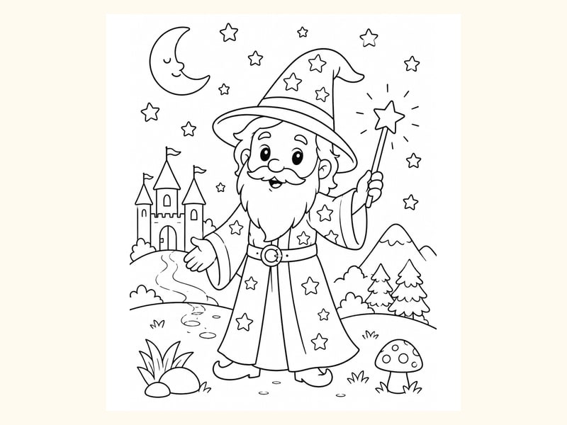 Cute Wizard Holding a Magic Wand printable preview