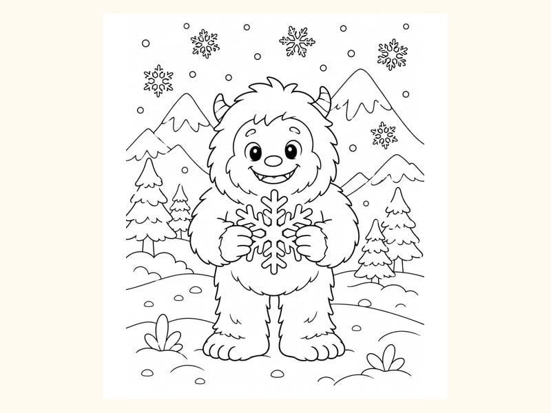 Cute Yeti Holding a Snowflake in a Snowy Mountain Scene printable preview