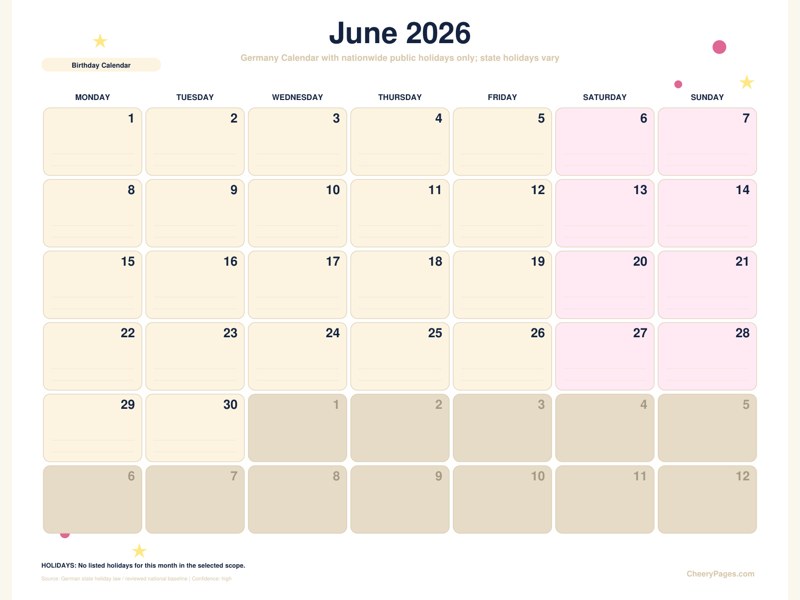Germany June 2026 Calendar - Birthday Calendar printable preview