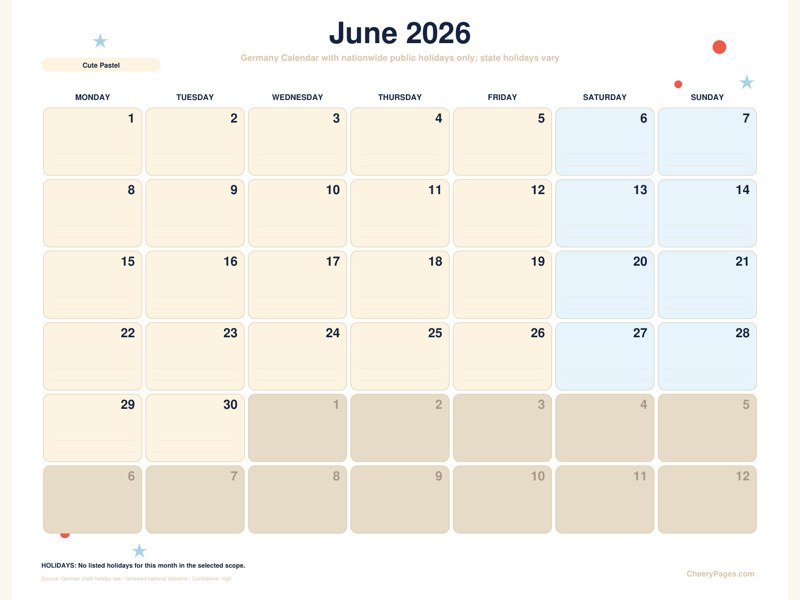 Germany June 2026 Calendar - Cute Pastel printable preview
