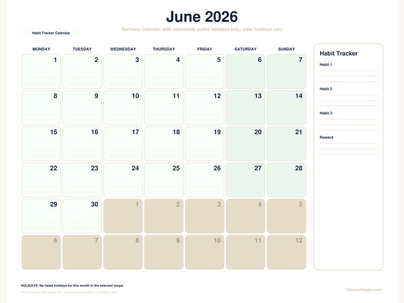 Germany June 2026 Calendar - Habit Tracker Calendar printable preview