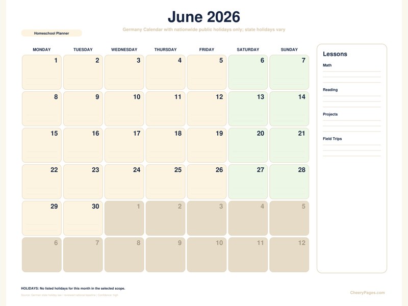 Germany June 2026 Calendar - Homeschool Planner printable preview