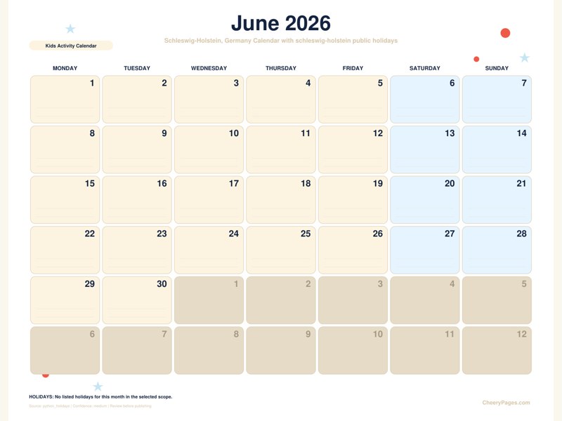 Schleswig-Holstein, Germany June 2026 Calendar - Kids Activity Calendar printable preview