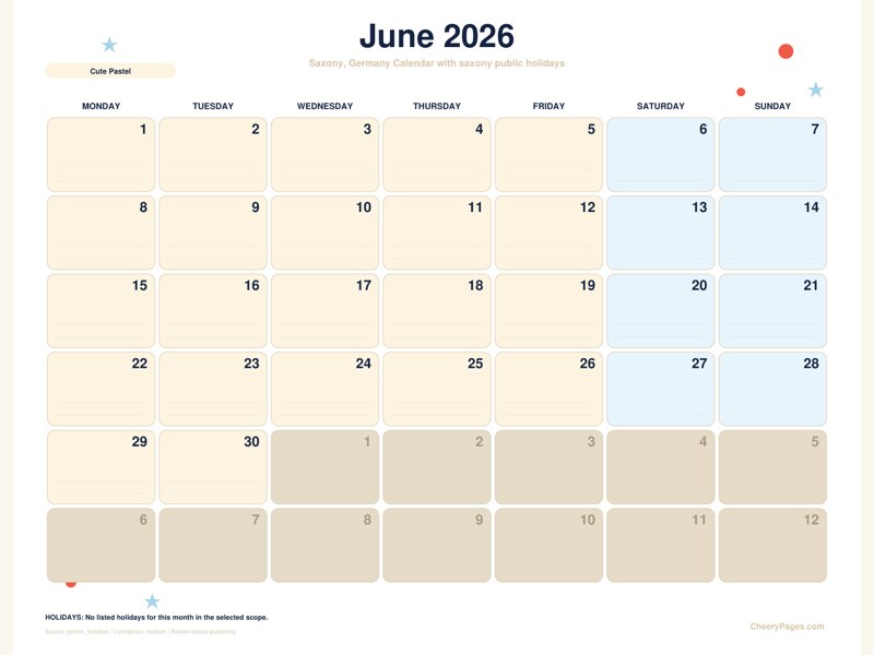 Saxony, Germany June 2026 Calendar - Cute Pastel printable preview