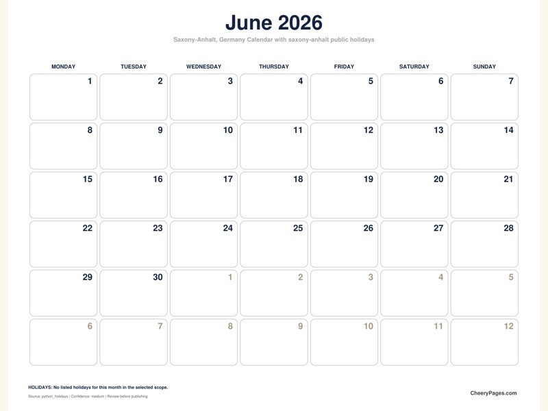 Saxony-Anhalt, Germany June 2026 Calendar - Black and White Ink Saver printable preview