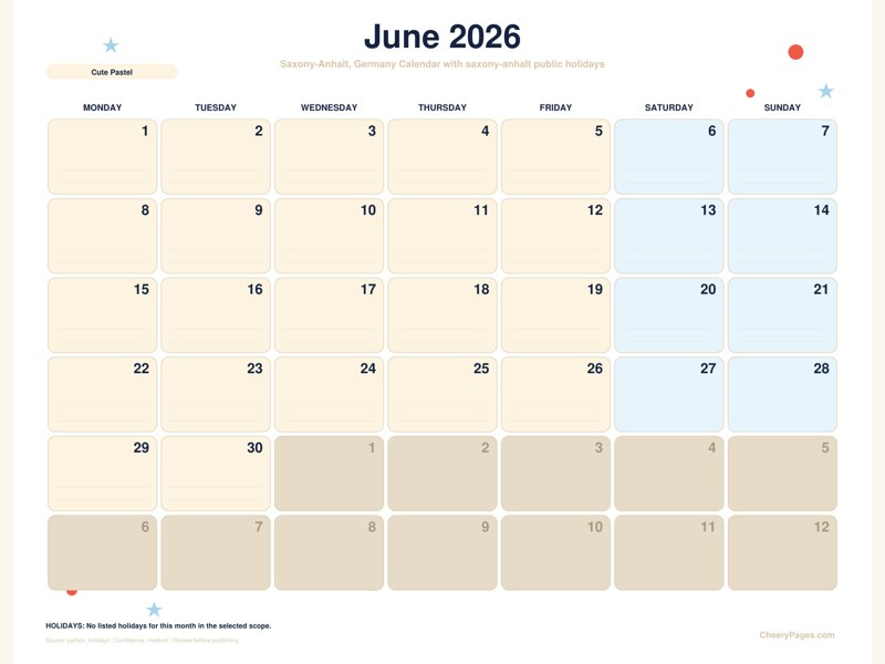 Saxony-Anhalt, Germany June 2026 Calendar - Cute Pastel printable preview