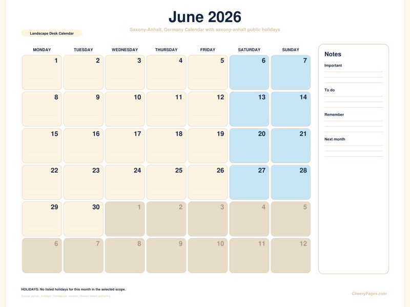 Saxony-Anhalt, Germany June 2026 Calendar - Landscape Desk Calendar printable preview