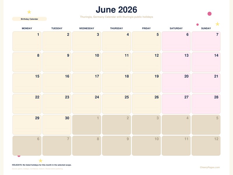 Thuringia, Germany June 2026 Calendar - Birthday Calendar printable preview