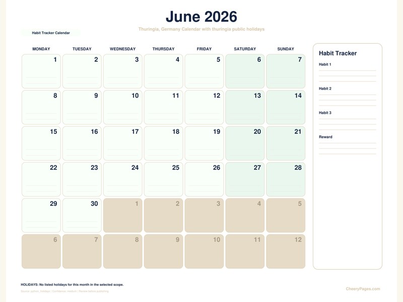 Thuringia, Germany June 2026 Calendar - Habit Tracker Calendar printable preview
