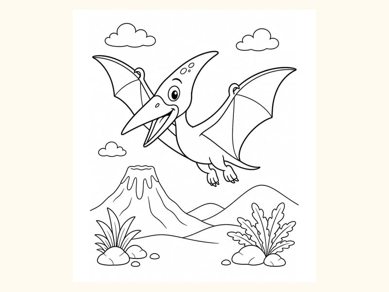 Flying Pterodactyl Over a Volcano printable preview