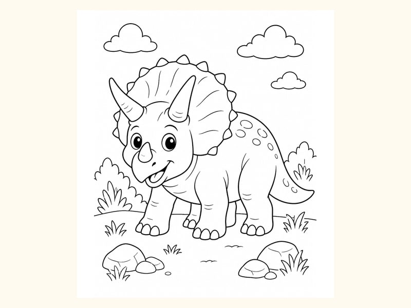 Happy Triceratops in Ferns printable preview