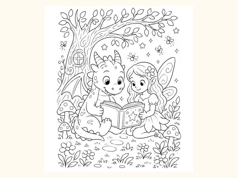Dragon and Fairy Sharing a Magical Book under a Tree printable preview