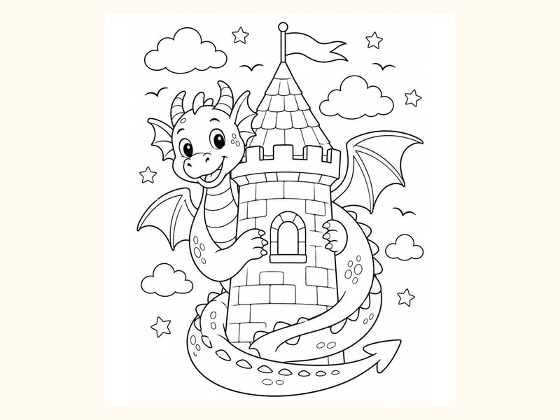 Dragon Curled around a Castle Tower in a Playful Friendly Pose printable preview
