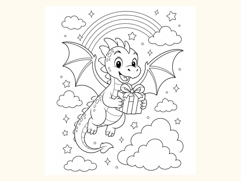 Dragon Flying While Carrying a Small Gift Box over Clouds printable preview
