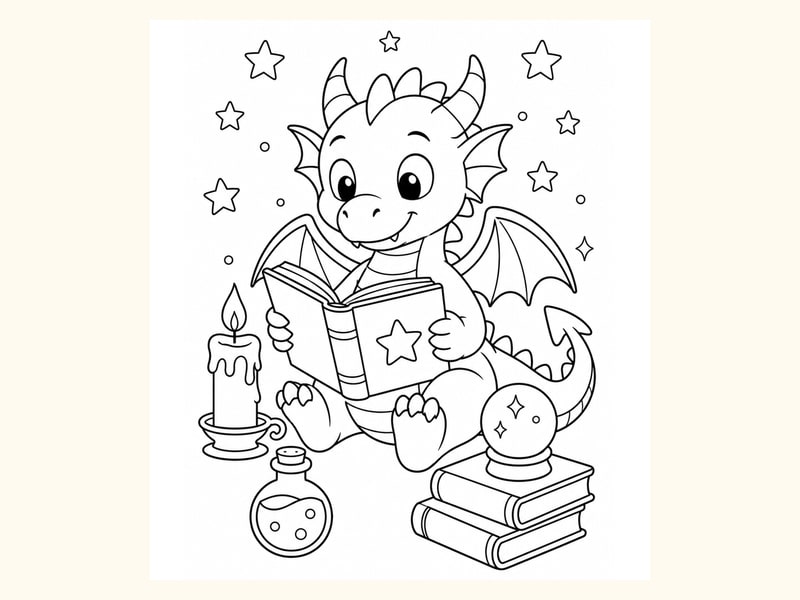 Dragon Reading a Book beside a Candle printable preview