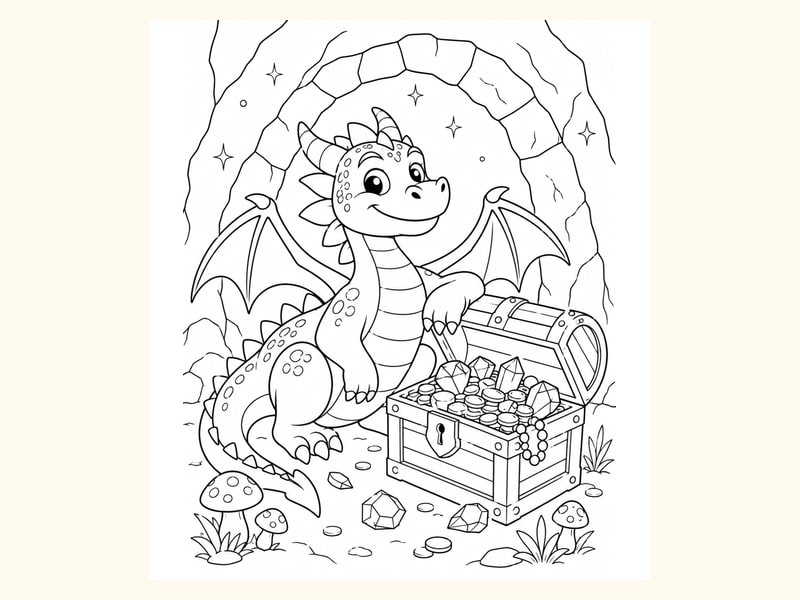Dragon Sitting beside a Treasure Chest Filled printable preview
