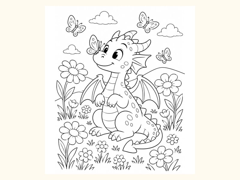 Dragon Sitting in a Flower Field printable preview