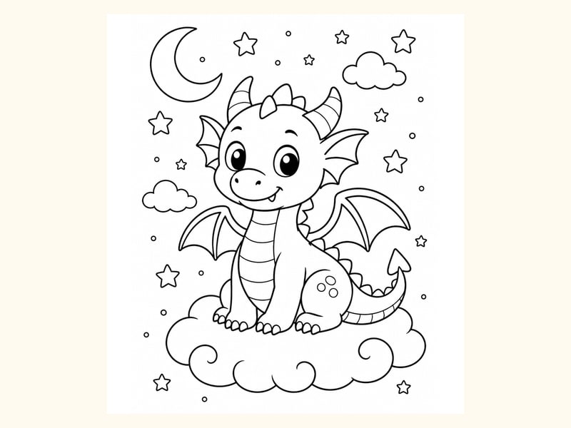 Dragon Sitting on a Cloud with Moon printable preview