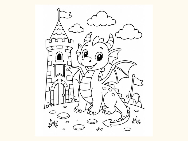 Dragon Standing near a Castle Tower printable preview