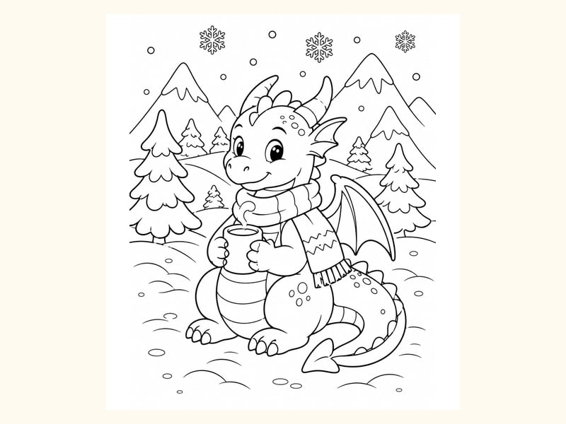 Dragon Wearing a Scarf in a Snowy Mountain Scene printable preview