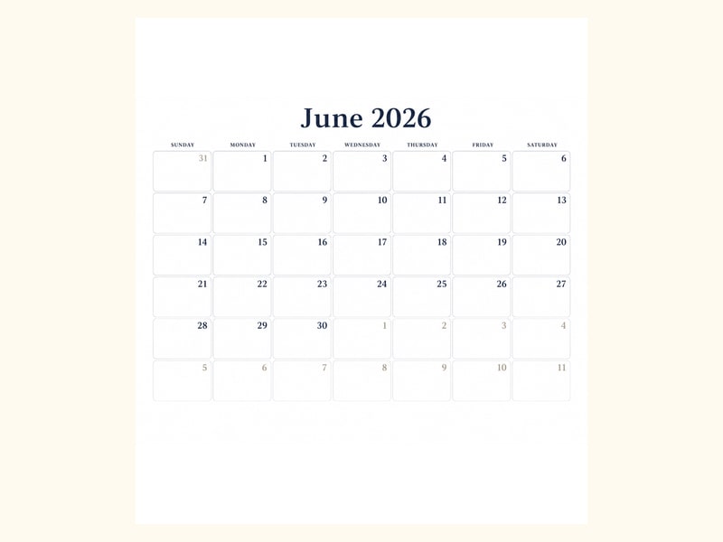 Elegant June 2026 Calendar printable preview