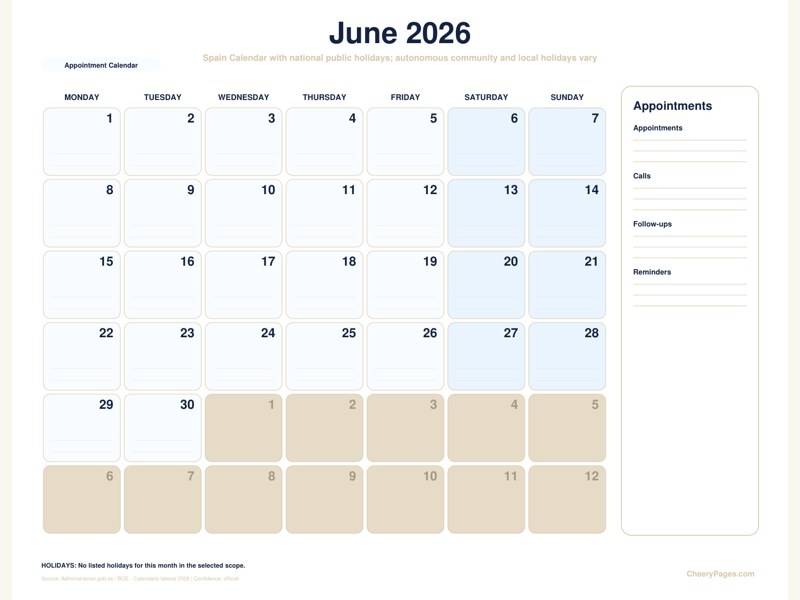 Spain June 2026 Calendar - Appointment Calendar printable preview