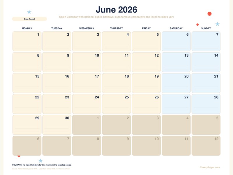 Spain June 2026 Calendar - Cute Pastel printable preview