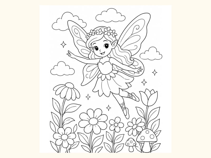 Fairy Flying Above a Flower Garden printable preview