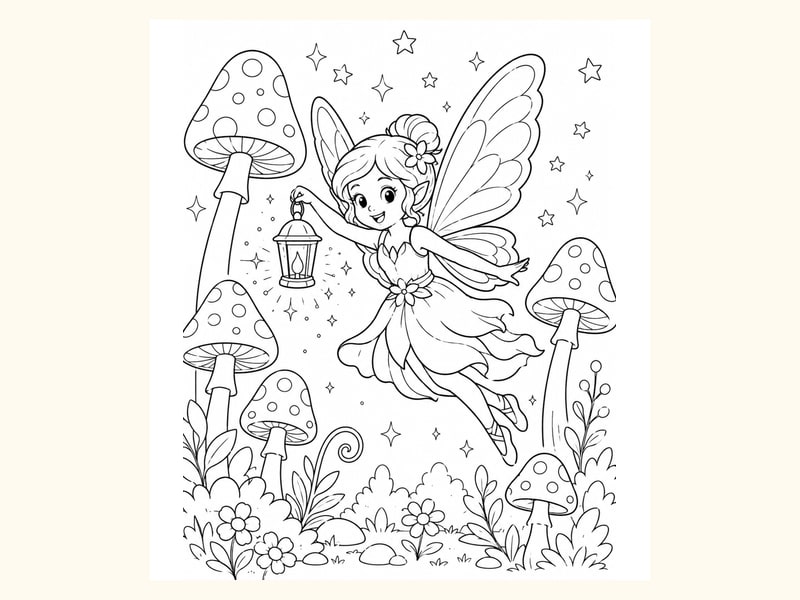 Fairy Flying While Carrying a Tiny Lantern Through a Mushroom Forest printable preview