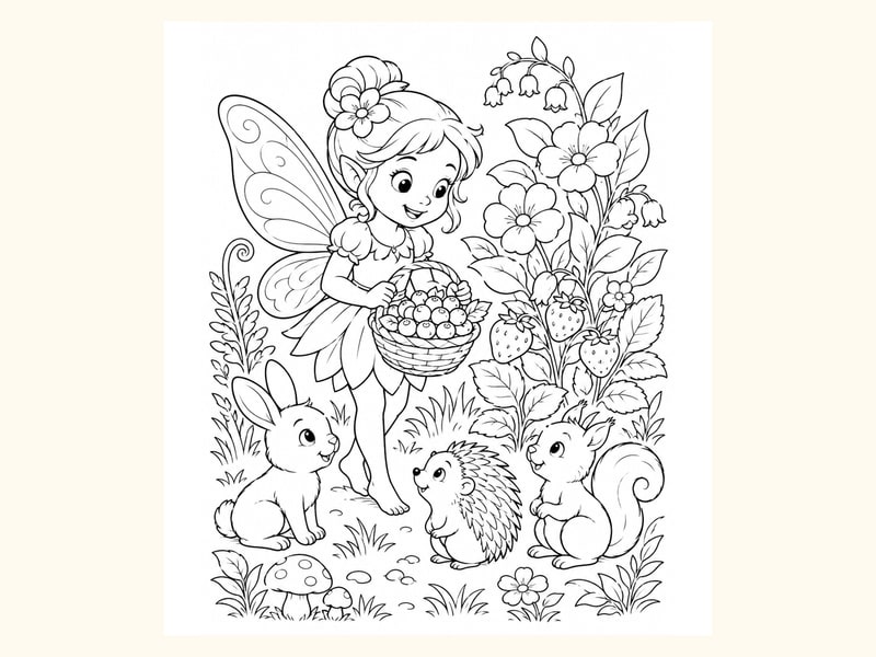 Fairy Holding a Basket of Berries beside Flowers and Little Woodland Animals printable preview
