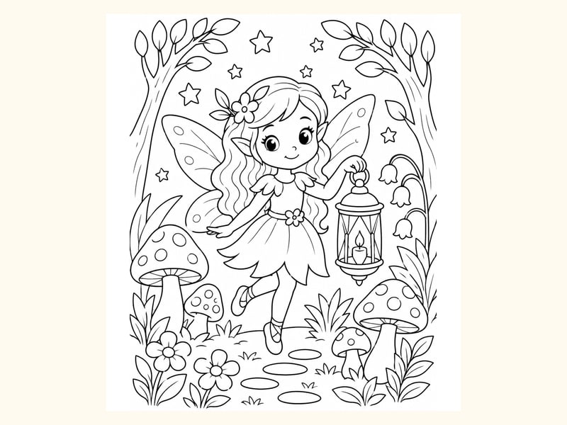 Fairy Holding a Lantern in a Magical Forest printable preview