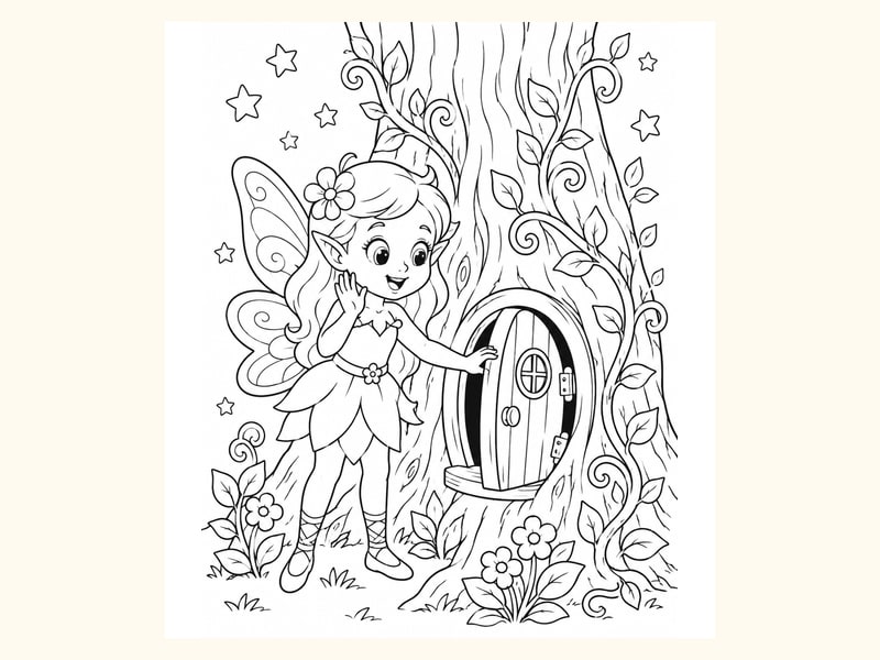 Fairy Opening a Tiny Door in a Tree Trunk printable preview