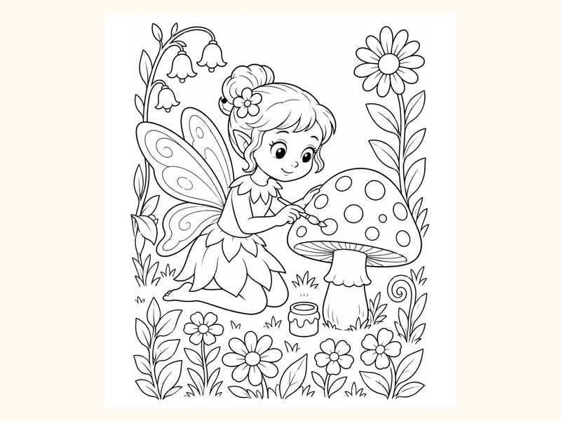 Fairy Painting Spots on a Mushroom printable preview