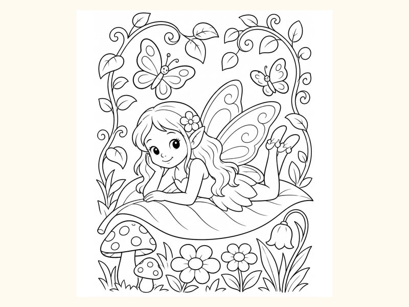 Fairy Resting on a Leaf with Butterflies printable preview