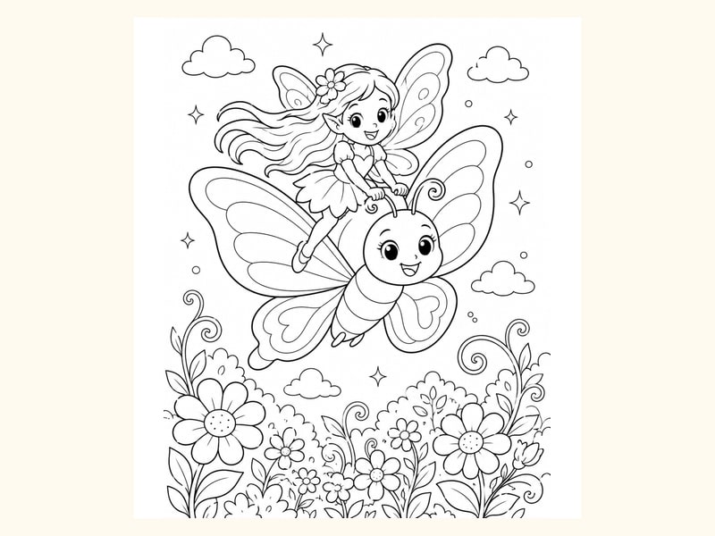 Fairy Riding on the Back of a Friendly Butterfly Above a Garden printable preview