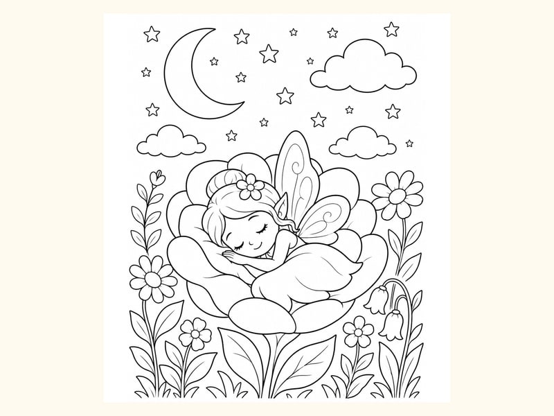 Fairy Sleeping in a Flower Bed under a Crescent Moon and Stars printable preview