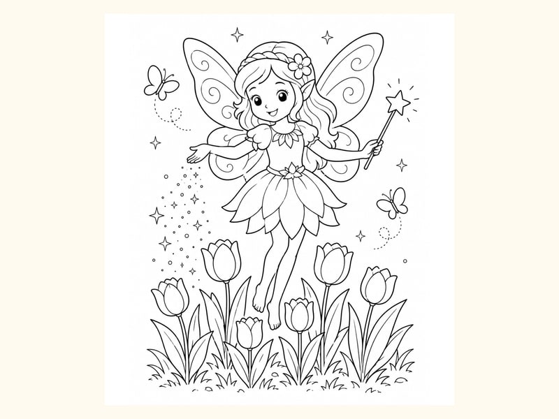 Fairy Sprinkling Magic Dust over a Small Garden of Tulips printable preview
