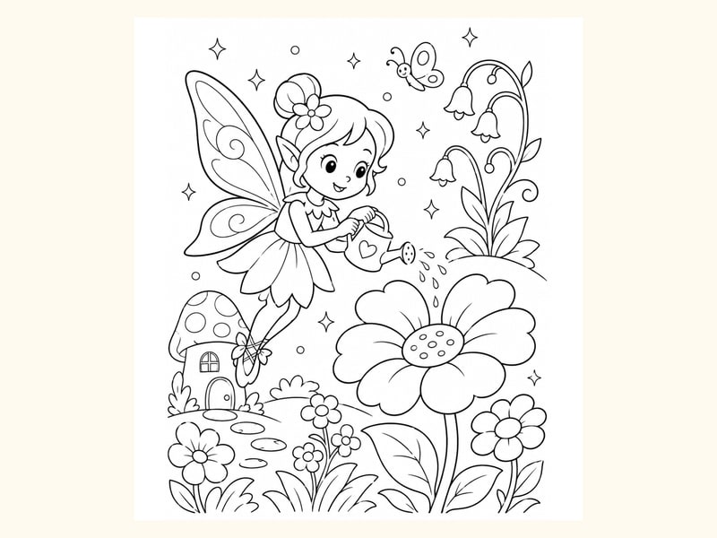 Fairy Watering Giant Flowers printable preview