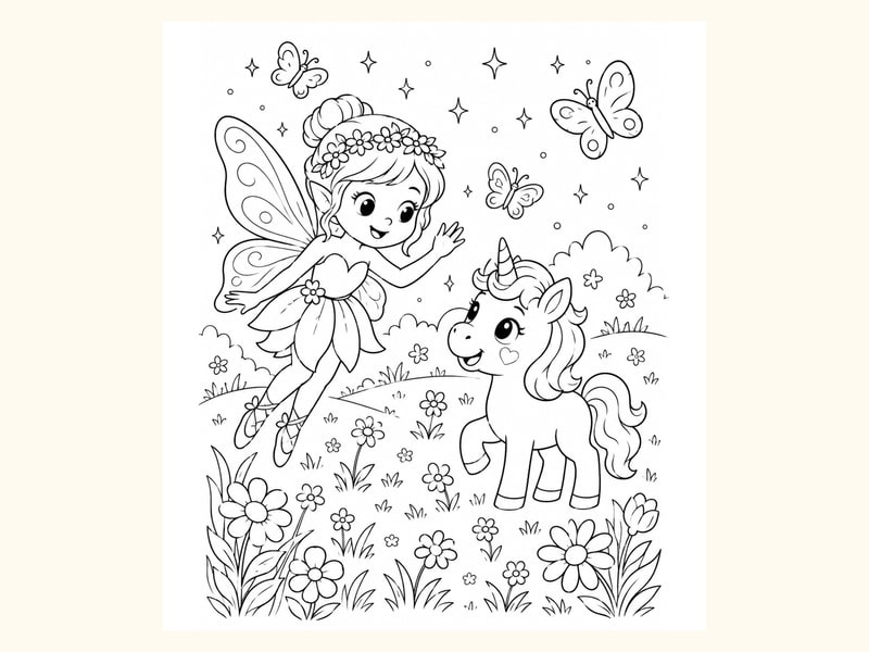 Fairy Waving to a Baby Unicorn in a Magical Meadow printable preview