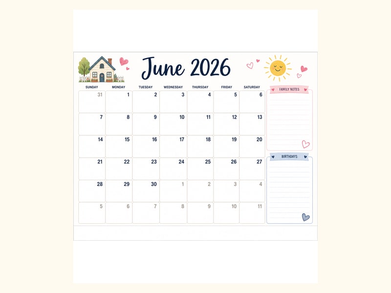 Family June 2026 Calendar printable preview